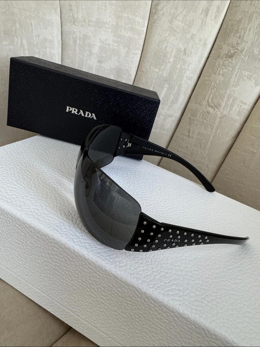 Prada Black Shield Sunglasses with Silver Stud Accents
